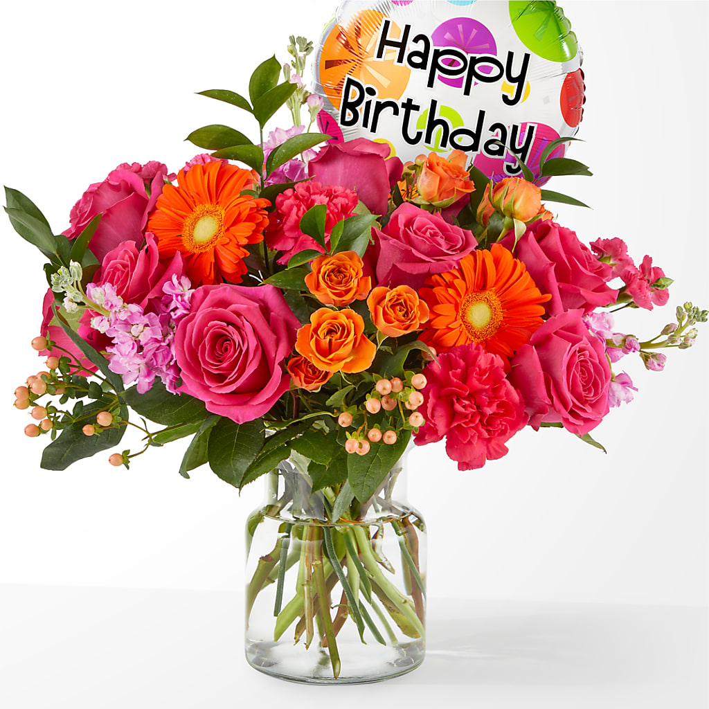 Fiesta Bouquet with Birthday Balloon – Freesia Flowers, Tomball TX