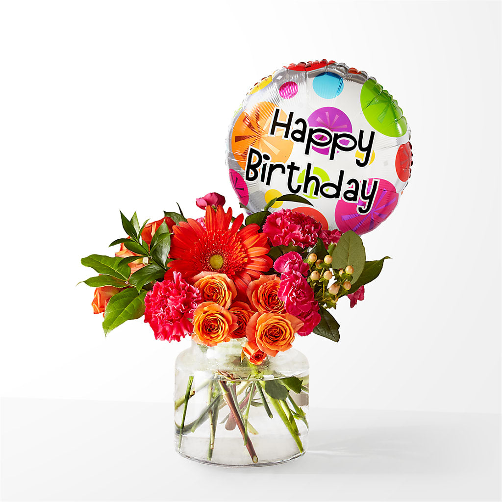 Fiesta Bouquet with Birthday Balloon – Freesia Flowers, Tomball TX