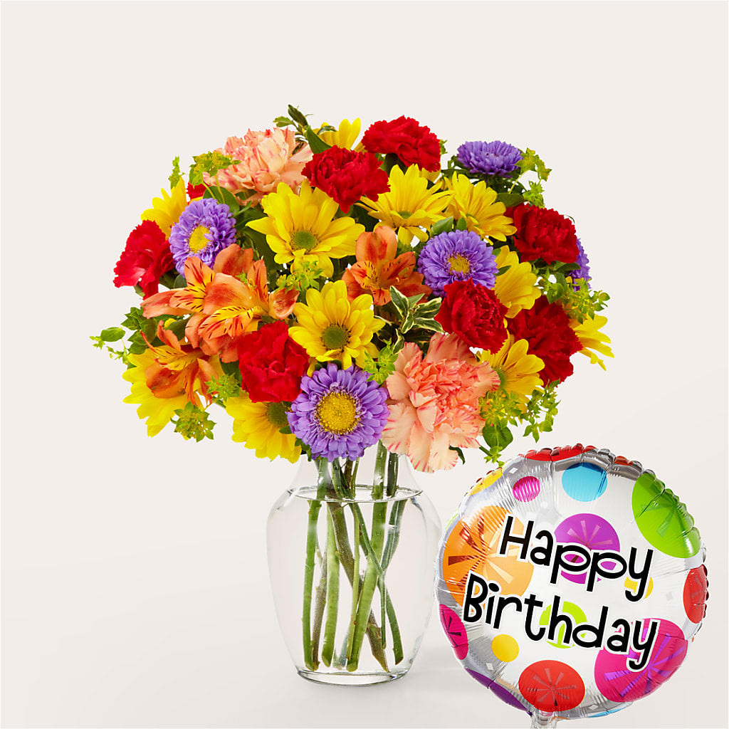 Kaleidoscope Bouquet with Birthday Balloon – Freesia Flowers, Tomball TX