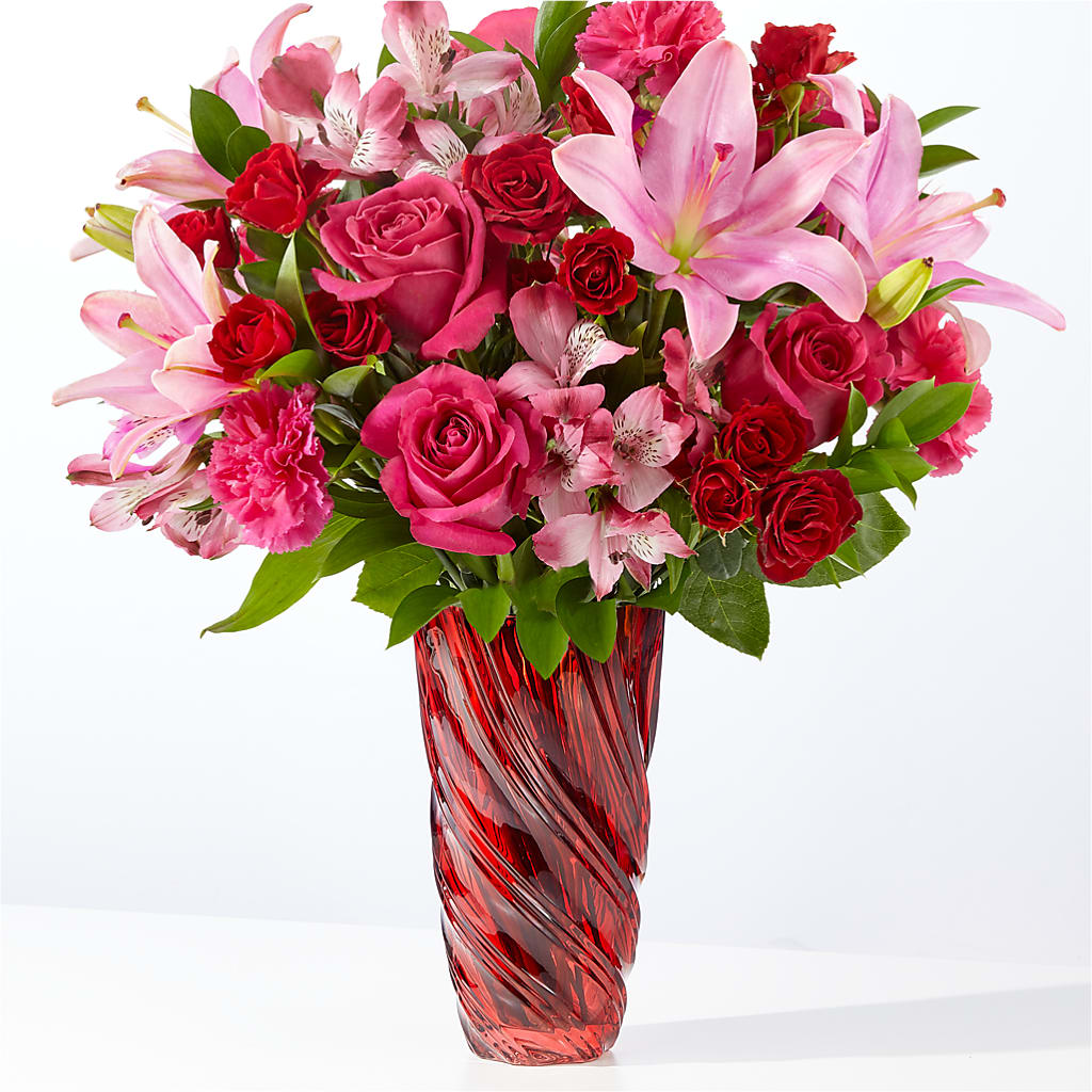 In Love Bouquet with Luxe Swirl Vase – Freesia Flowers, Tomball TX