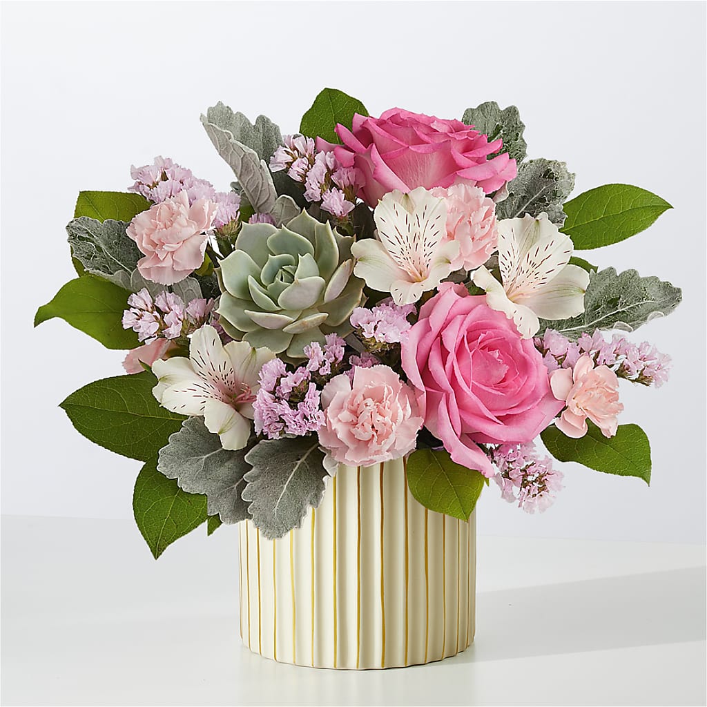 Dusty Rose Bouquet with Ivory Vase – Freesia Flowers, Tomball TX