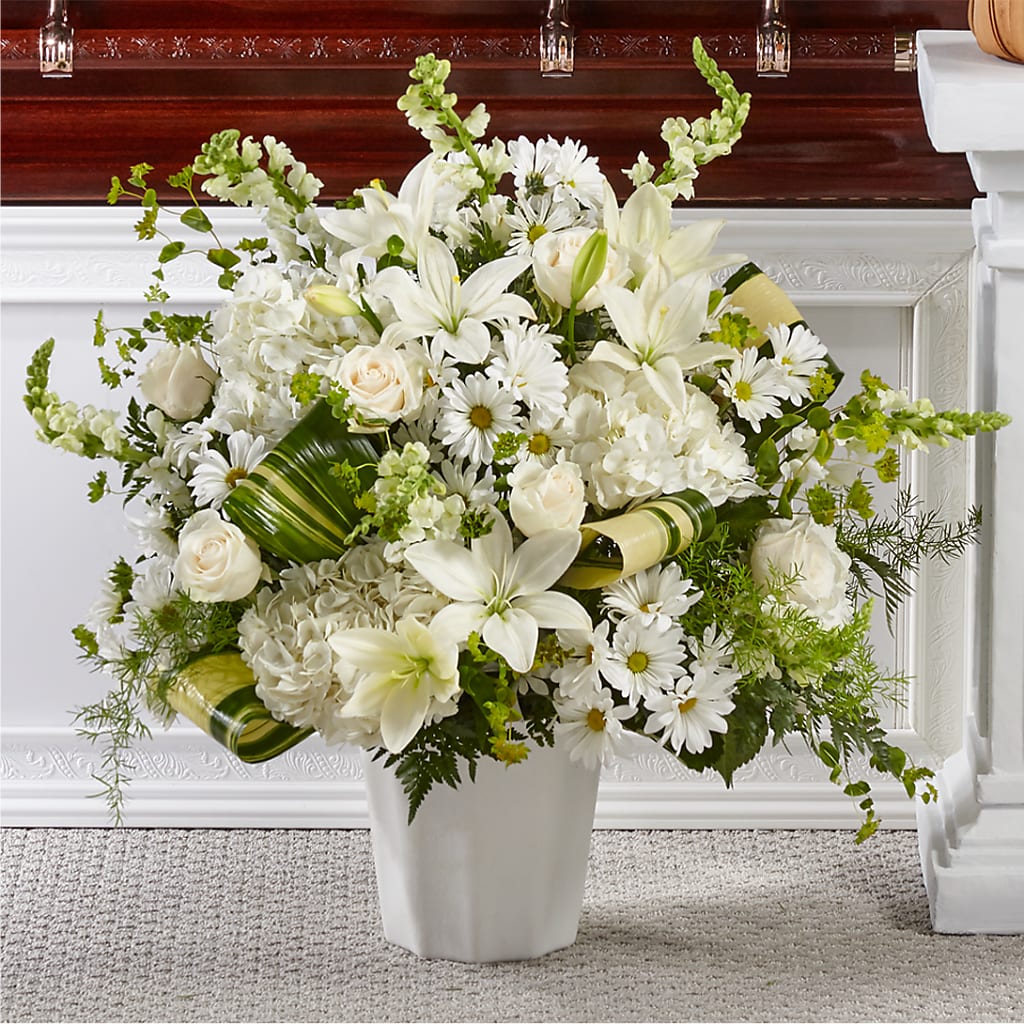 Thoughts of Tranquility Floor Basket – Freesia Flowers, Tomball TX