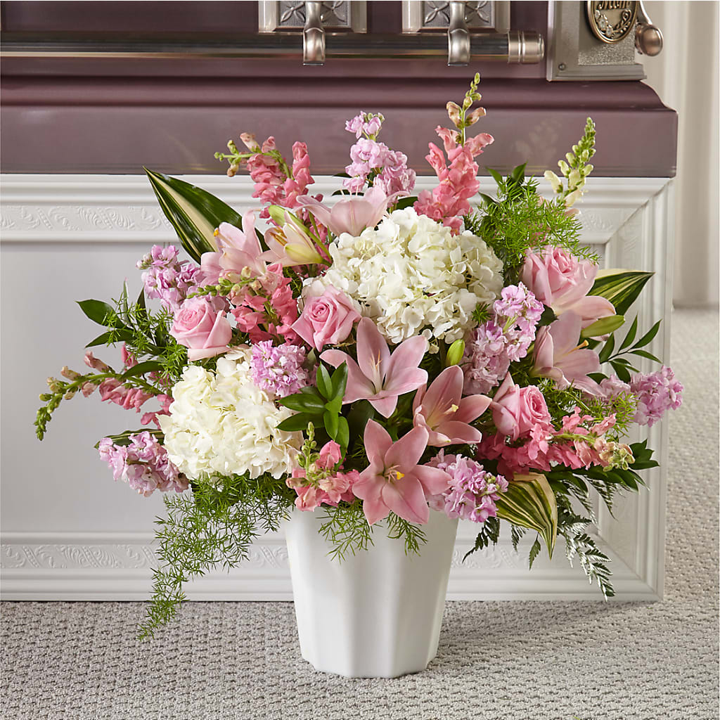 Simply Serene Floor Basket – Freesia Flowers, Tomball TX