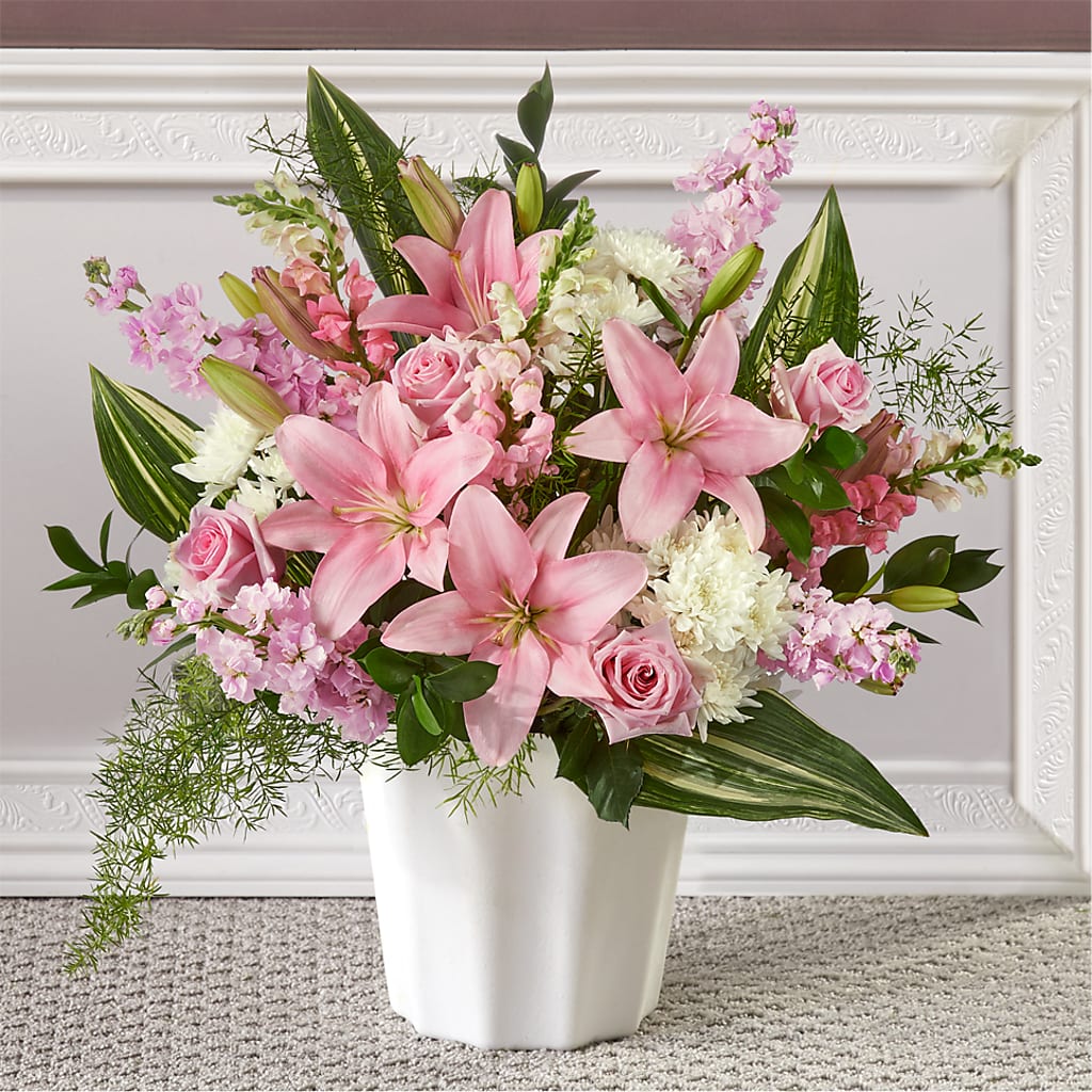 Simply Serene Floor Basket – Freesia Flowers, Tomball TX
