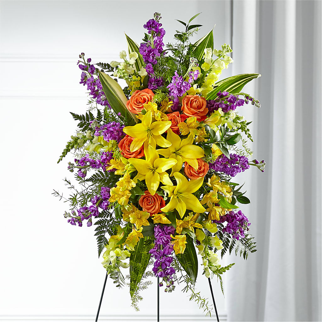 Thoughtful Prayers Standing Spray – Freesia Flowers, Tomball TX