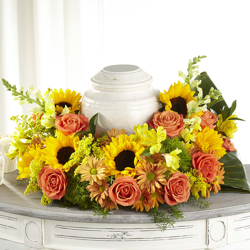 Faithful Sunflower Cremation Adornment – Freesia Flowers, Tomball TX