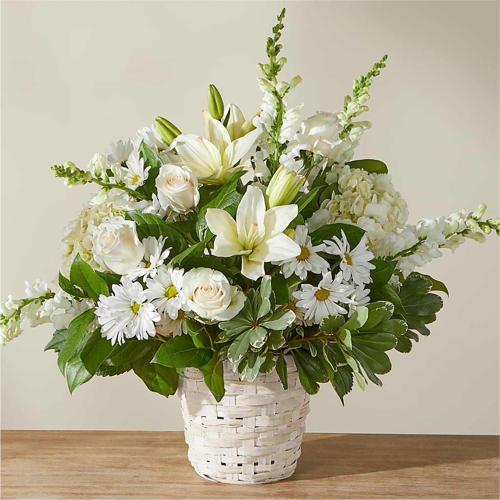 Ivory Elegance Floral Basket – Freesia Flowers, Tomball TX