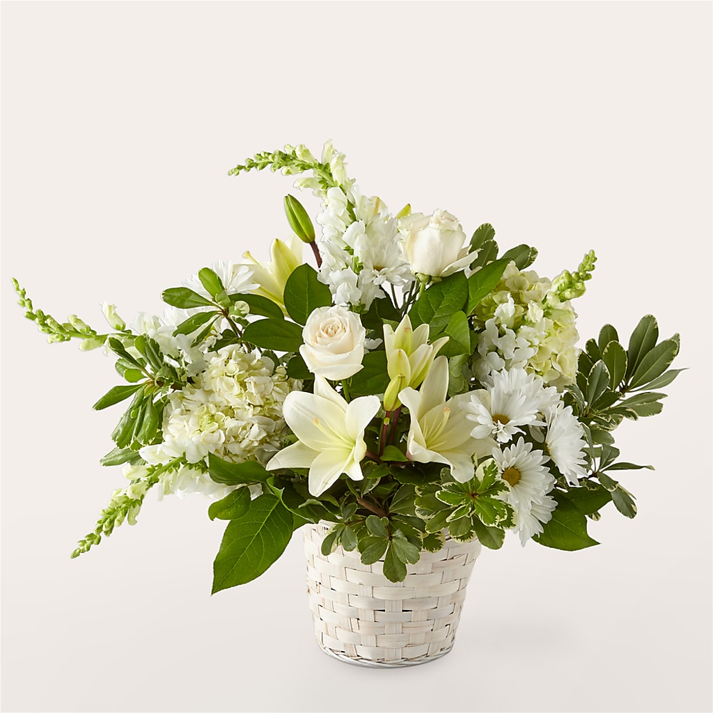 Ivory Elegance Floral Basket – Freesia Flowers, Tomball TX