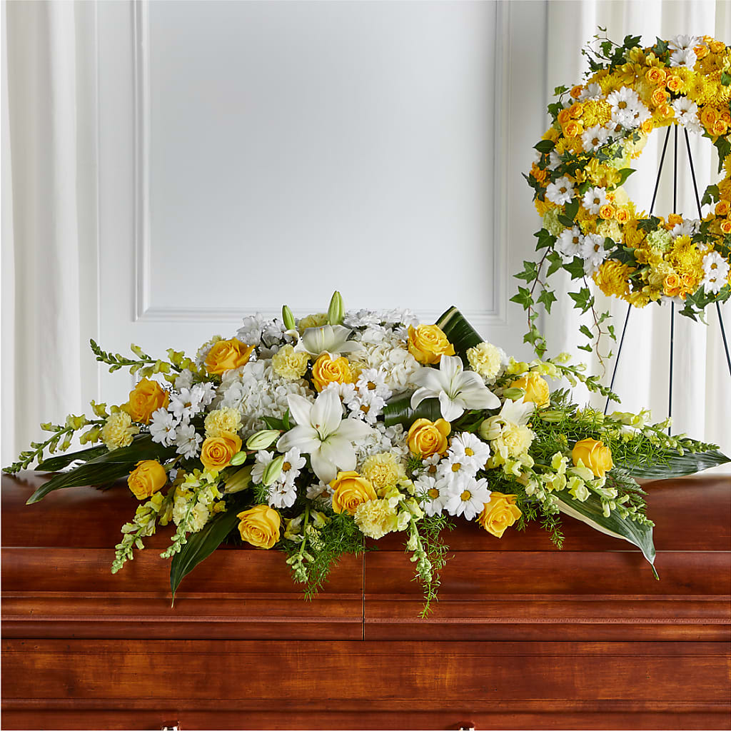 Golden Harmony Casket Spray – Freesia Flowers, Tomball TX