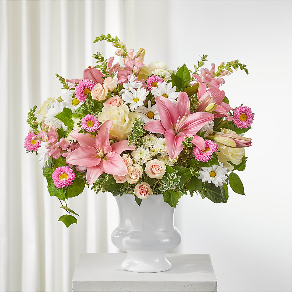Empathetic Blooms Urn Arrangement – Freesia Flowers, Tomball TX