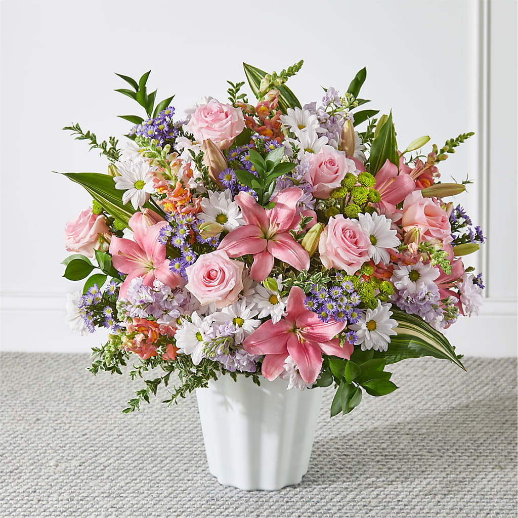 Abundant Compassion Floor Basket – Freesia Flowers, Tomball TX