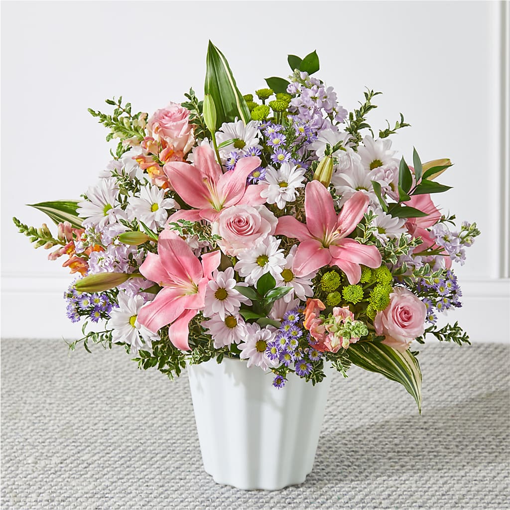 Abundant Compassion Floor Basket – Freesia Flowers, Tomball TX