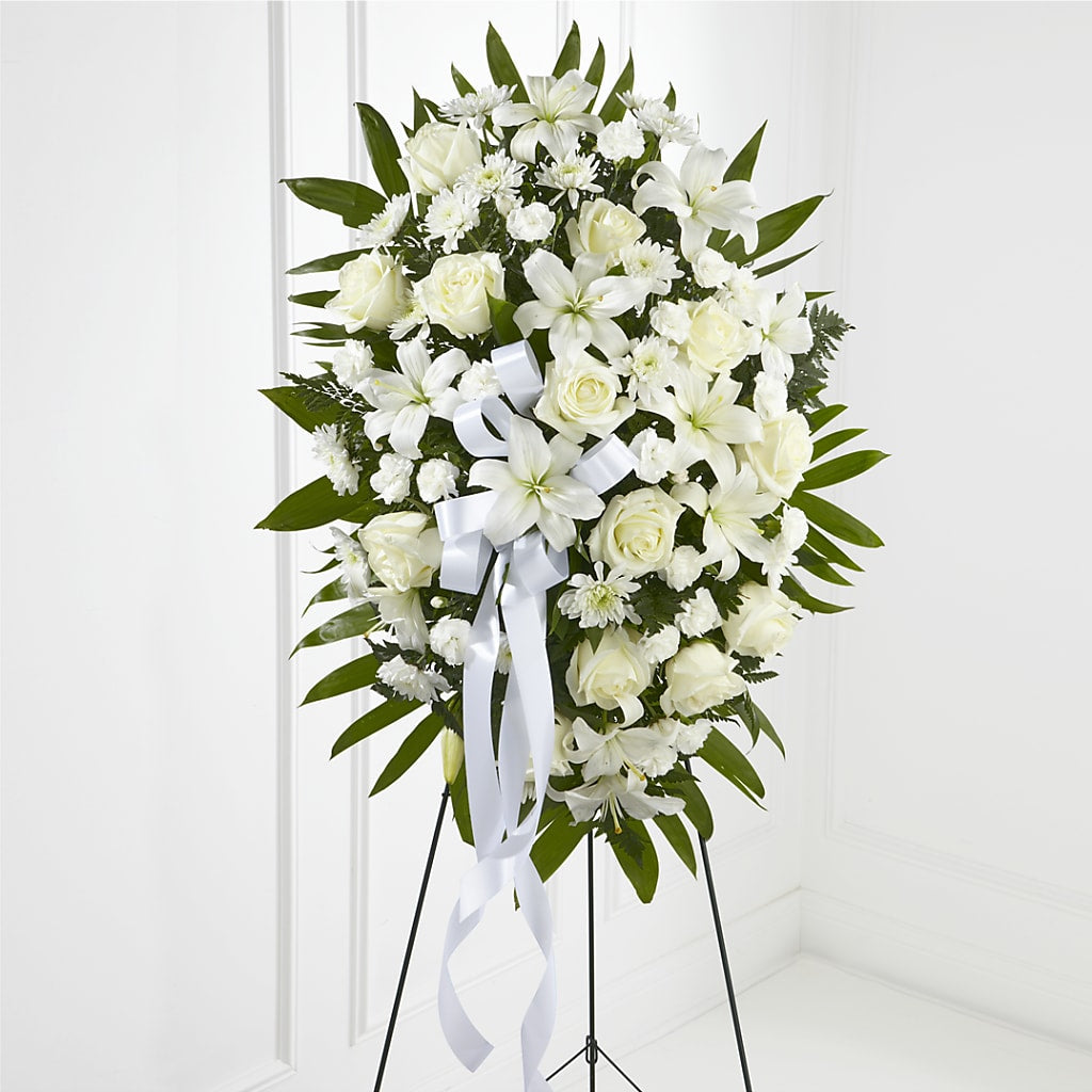 Exquisite Tribute Standing Spray-White Ribbon – Freesia Flowers, Tomball TX