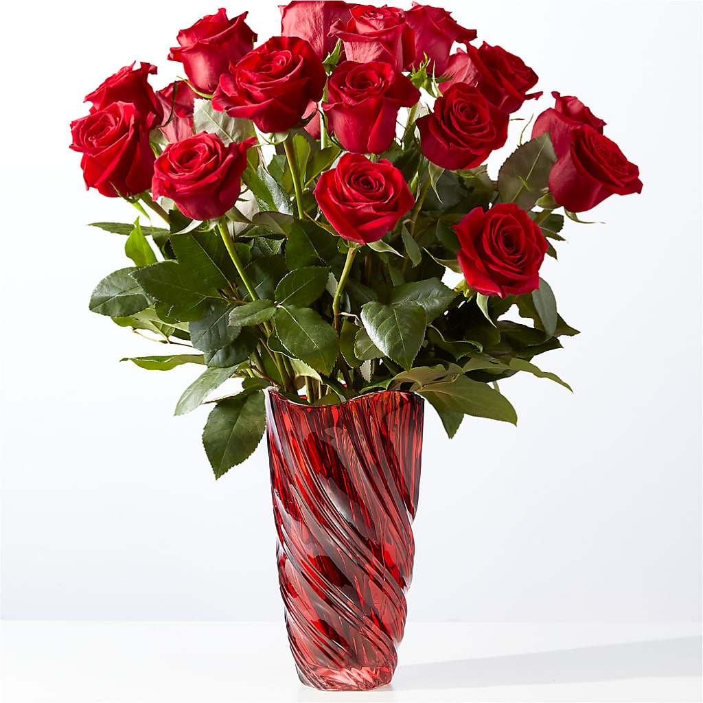 Classic Love Red Rose Bouquet with Luxe Swirl Vase – Freesia Flowers, Tomball TX