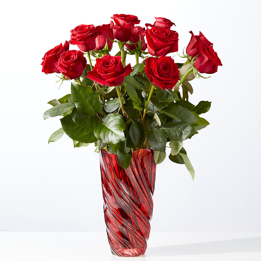 Classic Love Red Rose Bouquet with Luxe Swirl Vase – Freesia Flowers, Tomball TX