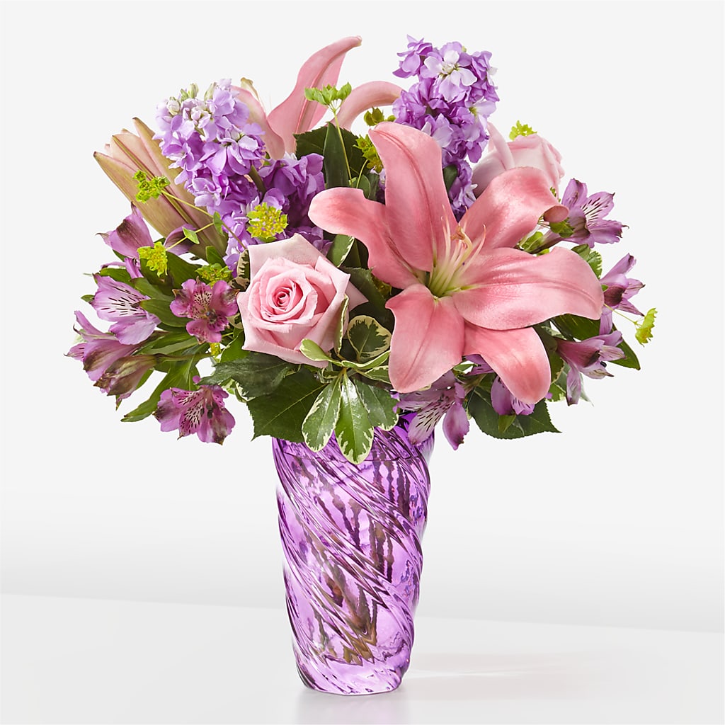 Precious Petals Bouquet with Luxe Swirl Vase – Freesia Flowers, Tomball TX