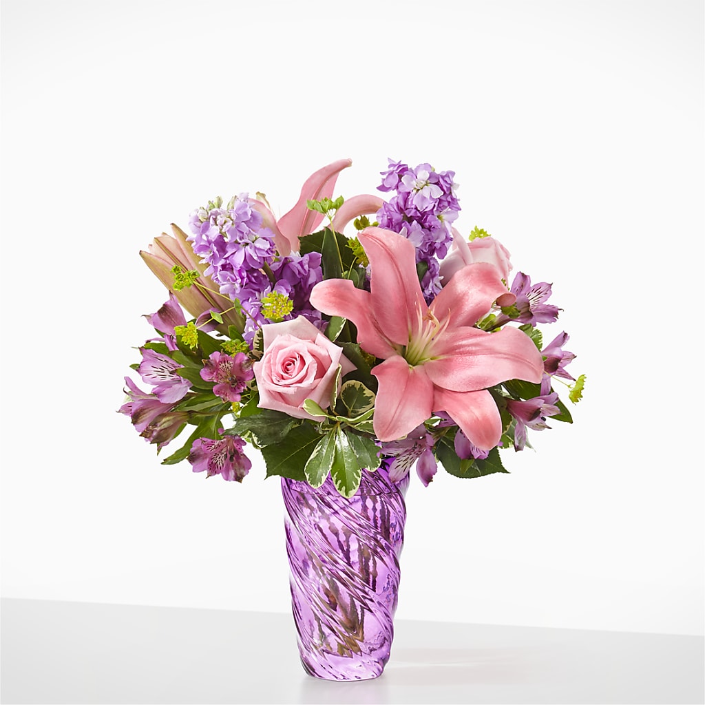 Precious Petals Bouquet with Luxe Swirl Vase – Freesia Flowers, Tomball TX
