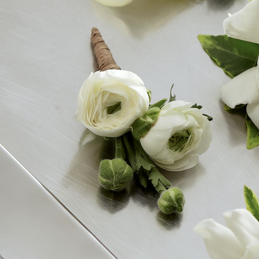 White Ranunculus Boutonniere – Freesia Flowers, Tomball TX