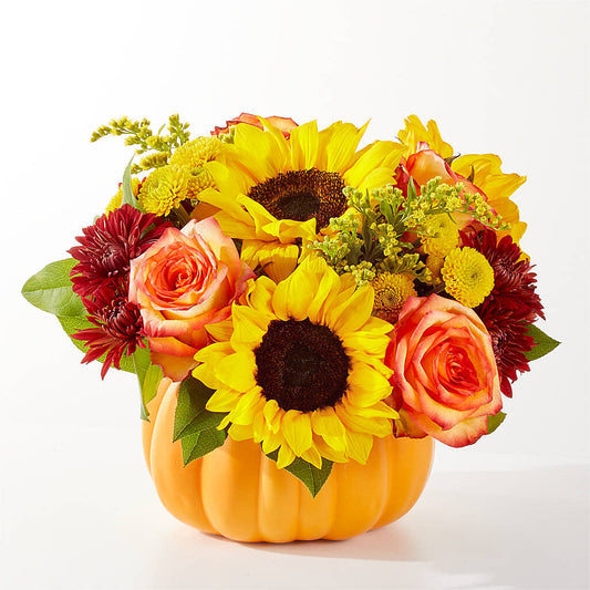 Golden Gourd Pumpkin Bouquet –  Freesia Flowers, Tomball TX