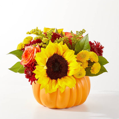 Golden Gourd Pumpkin Bouquet –  Freesia Flowers, Tomball TX