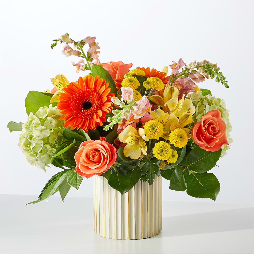 Autumn Sunshine Bouquet with Ivory Vase –  Freesia Flowers, Tomball TX