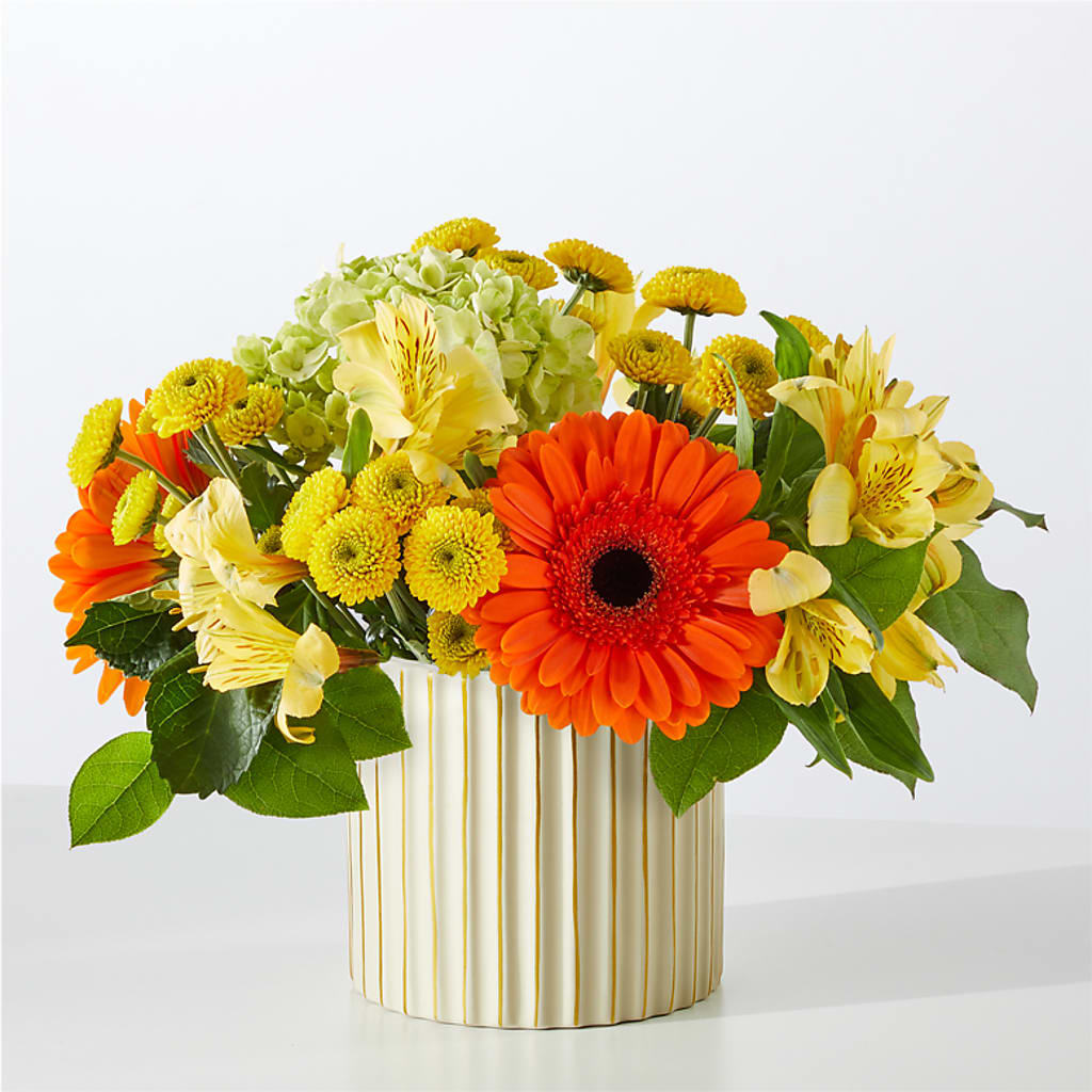 Autumn Sunshine Bouquet with Ivory Vase –  Freesia Flowers, Tomball TX