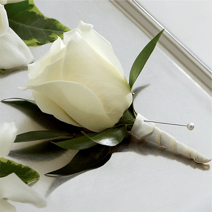 White Rose Boutonniere –  Freesia Flowers, Tomball TX